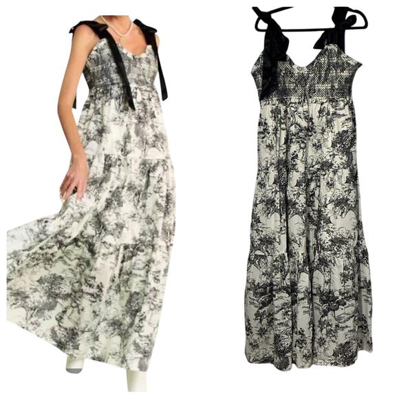 Davi & Dani Black Cream Toile Tiered Ribbon Shoulder Tie Maxi Dress Size Large - Picture 1 of 14